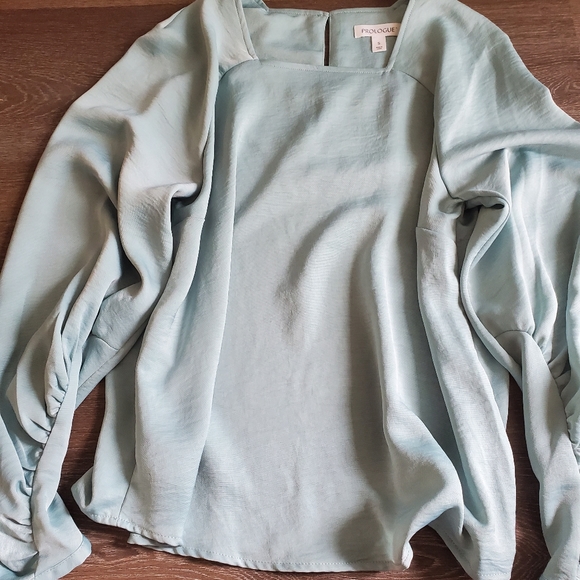 Silk Satin Teal Aqua Blue Dress Shirt Blouse - Picture 3 of 6